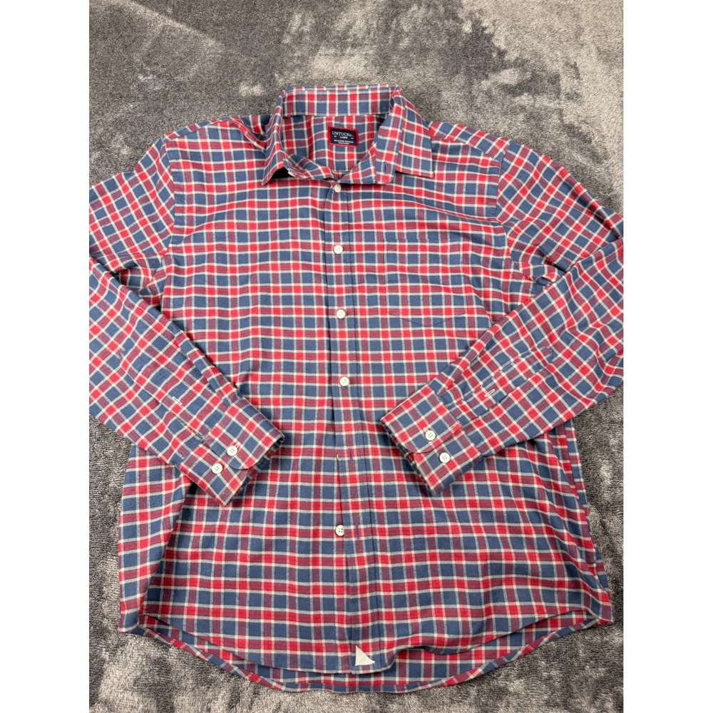 UNTUCKit Mens Large Red Blue Plaid Long Sleeve Button Down Shirt Stretch Flannel